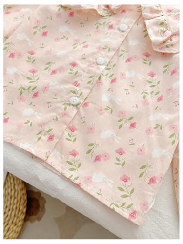 Image of BEAUDRM Girl's Long Sleeve Top Round Neck Ruffle Blouse Floral Print Button Down Shirt Top Pink 3Y
