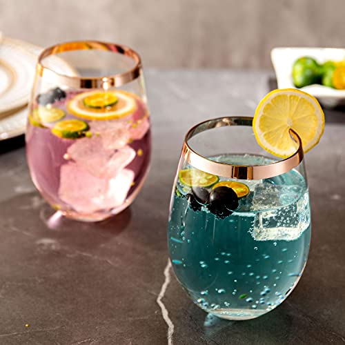 Mygift Modern Stemless Wine Glass Set, Elegant Drinkware With Metallic Copper Plated Rimmed Accent, Set Of 4 #TOP3