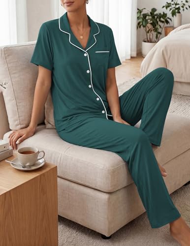 Image of ZMJ Womens Pajamas Sets 2 Piece Button Up Pj Sets Short Sleeve with Long Pant