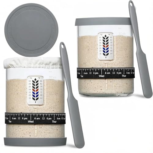 2 Pack Premium Pro Sourdough Starter Jar Kit - 40oz Large Wide Mouth Sourdough Bread Jar with Marked Feeding Band, Thermometer, Scraper, Cloth Cover & Silicone Lid/Base, Glass Container, Baking Supply