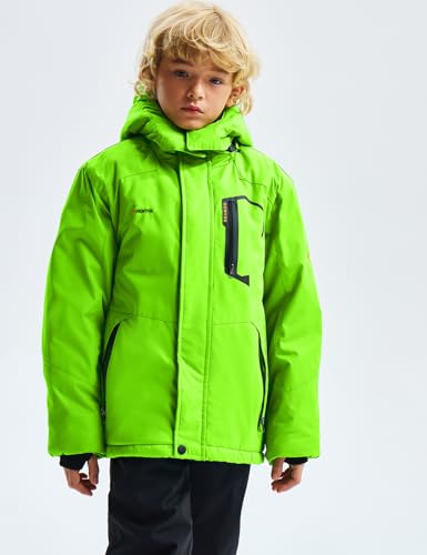 GEMYSE Jungen Skijacke Wasserdichte Winterjacke Warm Gefütterte Kinder Winddichte Schneejacke mit Kapuze für Aktivitäten im Freien(Leuchtend Grün 01,152-158)