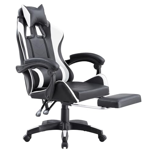 Brigros Ergonomiczne krzesło do gier wyścigowych z podłokietnikami, obrotowy fotel biurowy z kółkami, podnóżkiem, zagłówkiem i poduszką lędźwiową ze sztucznej skóry, nośność: 125 kg (biały)