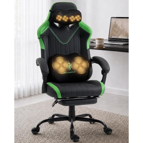 Dowinx Ergonomic High Back Gaming Chair for Adults with Massager Blackgreen | Shiatsu Neck Massage and Dual Point Massage Lumbar Pillow with Pocket Spring Cushion, 90-145°Recline for Home Of