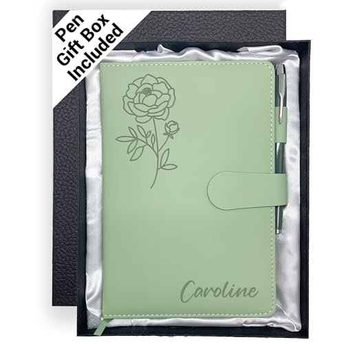 Personalized Leather Journal with Gifts Box & Pen, Custom Notebooks Diary with Engraved Birth Flower Name, Birthday Gifts for Women, Christmas Office Gift for Bridesmaid Students Teacher Mom Friend