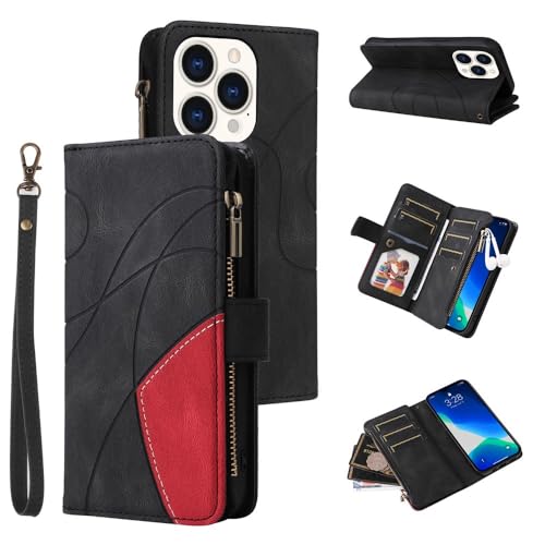 Étui en cuir premium iPhone 13 Pro Max noir avec portefeuille zippé chic