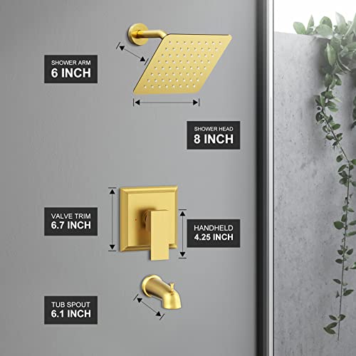 Shower Faucet Set With Tub Spout - Suncleanse Shower System (Valve Included) With 8-Inch Rain Shower Head And Bathtub Faucet - Brushed Gold Shower Tub Kit For Bathroom #TOP6