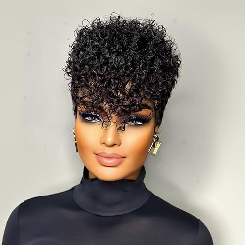 QiaQiaRing Pixie Cut Curly Human Hair Wig for Black Women Short Layered Pixie Wigs With Bangs Brazilian Virgin Curly Human Hair Wig Glueless Natural Black 1B Color for Everyday Use