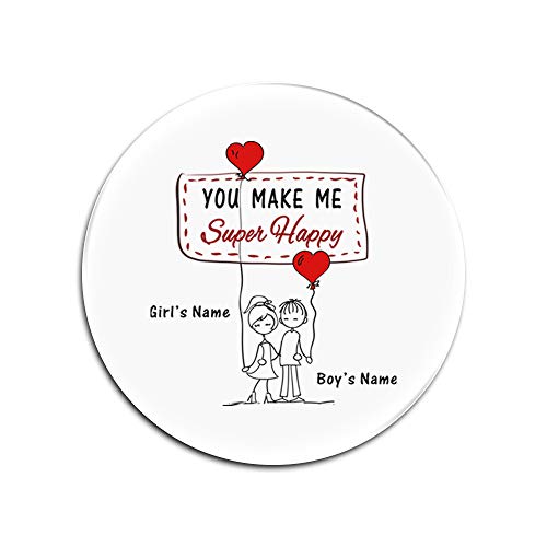 Image of Personalised Gift - Set of 4 x You Make Me Super Happy Round Glass Coaster (Romance Design White) Any Name Message Unique - Silly Cute Funny Novelty Lover Heart Couple Balloon