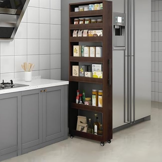 Wood Slim Storage Cart,Rolling Spice Rack Next to Fridge Slim,Rolling Cart for Kitchen Dining Room Dark Walnut 5.9¡Á17.7¡Á72.4in-FIZKHvuv