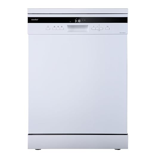 Lave-vaisselle pose libre COMFEE' FD1435E-X pour 14 couverts, grand format, 44 dB, grand écran LED, départ différé, fonctionnalité demi-charge, supports flexibles, blanc