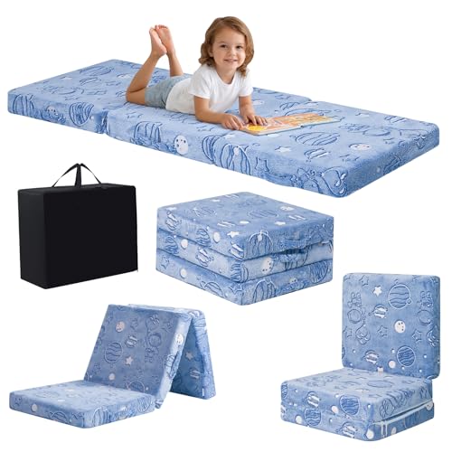 MeMoreCool Glow Space-Themed Foldable Floor Mattress for Kids, Trifold Nap Mat with Planets and Stars, Portable Daycare Sleeping Futon or Floor Bed, 57x22 Inch