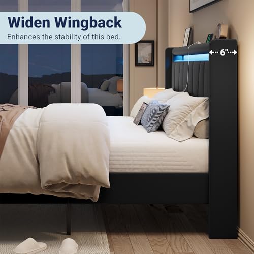 Image of Allewie King Size LED Bed Frame with Charging Station, Velvet Upholstered Platform Bed with Geometric Wingback Headboard, Modern Frame with No Box Spring Needed, Easy Assembly, Black