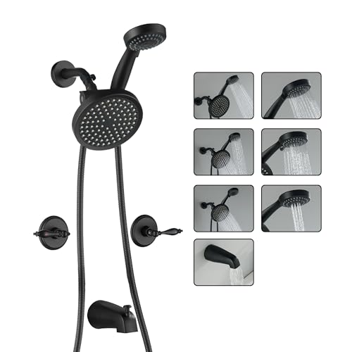 LIWEIKE Matte Black 2 Handle Shower Faucet Set, Wall Mount Two Handle Shower Faucet with Tub Spout Rough-in Brass Valve Shower Faucet Set 2 Knobs
