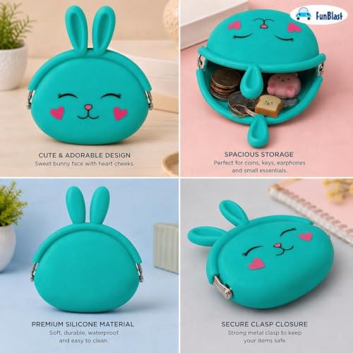 Image of FunBlast Cute Bunny Shape Silicone Coin Purse for Kids & Adults - Mini Pouch for Coins, Earphones, Keys & Small Essentials, Aesthetic Pouches for Girls & Women - 12 X 9.5 X 3 Cm (Bunny-Green)