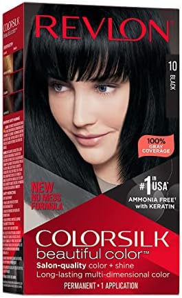 Revlon Colorsilk Beautiful Color Permanent Hair Color, Long-Lasting High-Definition Color, Shine & Silky Softness with 100% Gray Coverage, Ammonia Free, 010 Black, 1 Pack