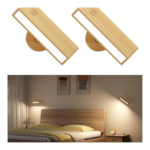 zhongqunli Aplique de pared que funciona con pilas, Juego de 2 apliques pared recargables, lámparas noche regulables a pilas for dormitorio, luces madera adhesivas(Wood)