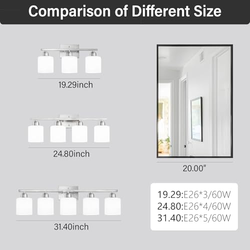 Image of Brushed Nickel Bathroom Light Fixture, Anti-Rust Finish 3 Light Vanity Lights for Bathroom, Bath Lights with Milky White Frosted Glass Shades, E26 Socket