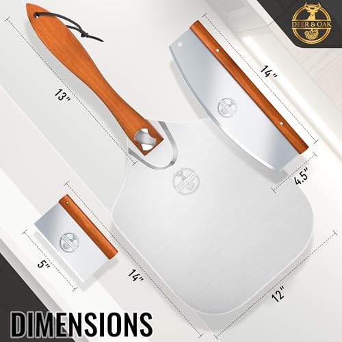 Deer & Oak Premium Aluminum Pizza Peel Set, Pizza Spatula, Rocker Cutter, & Dough Scraper Set 12\" x 14\" with Foldable Wooden Handle | Compatible with Ooni, Gozney, Solo Stove Pi Pizza Ovens