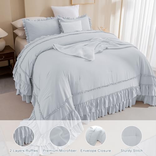 Image of QSH Light Blue Ruffle Oversized King Comforter 128x120,3PCs Farmhouse Shabby Vintage Chic Ruffled Bed Comforter Set French Country Rustic California King Bedding Comforter Set Soft and Lightweight