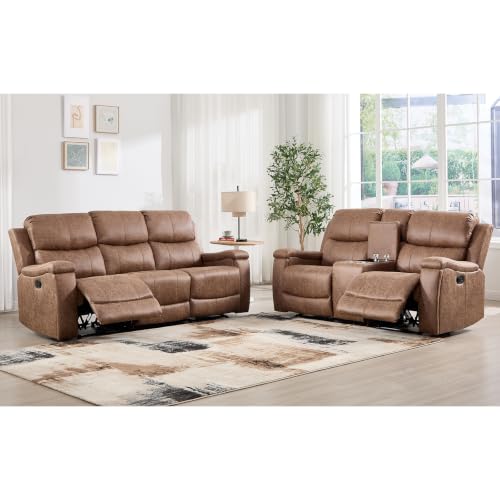 Image of CANMOV Faux Leather Manual Recliner Sofa Set, Manual Reclining Sofa and Recliner Loveseat with Center Console, Hidden Storage and Cup Holders for Living Room,Bedroom Furniture,Nut Brown