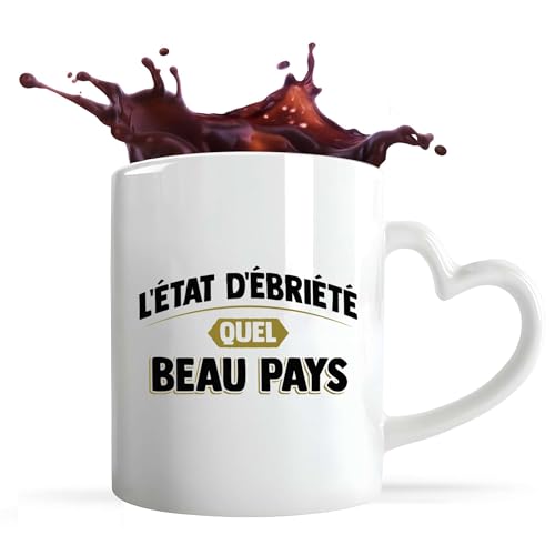 Otshirt Tasse Coeur L'état d'ébriété | Mug avec anse en forme de Coeur | Idée Cadeau Alcool Humour Original Drôle Apéro Beauf Anniversaire Fête Soirée Unique