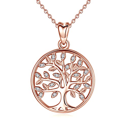 CELESTIA Tree of Life Necklace 925 Sterling Silver Rose Gold Family Tree Pendant with Chain, Mothers Day Jewellery, Gifts for Mum, Birthday Presents for Women