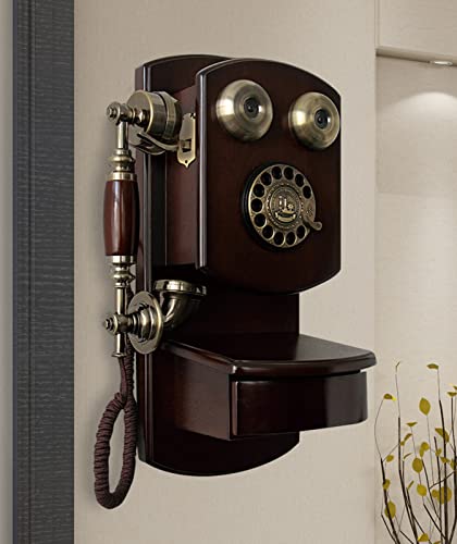Téléphone filaire rétro mural HJMMWT en bois avec cadran classique et mains libres