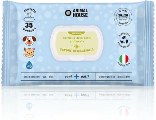 Animal House Salviette Profumate 35 PZ: Salviette Umidificate Ipoallergeniche e Biodegradabili per la Pulizia Quotidiana di Cani e Gatti (SAPONE DI MARSIGLIA)