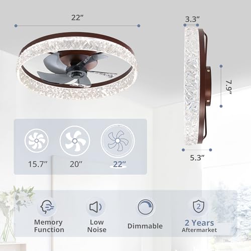 LEDIARY 22" Modern Ceiling Fans with Lights and Remote, Dimmable Low Profile Ceiling Fan, Flush Mount Fan, Stepless Color Temperature Change and 6 Speeds - Brown