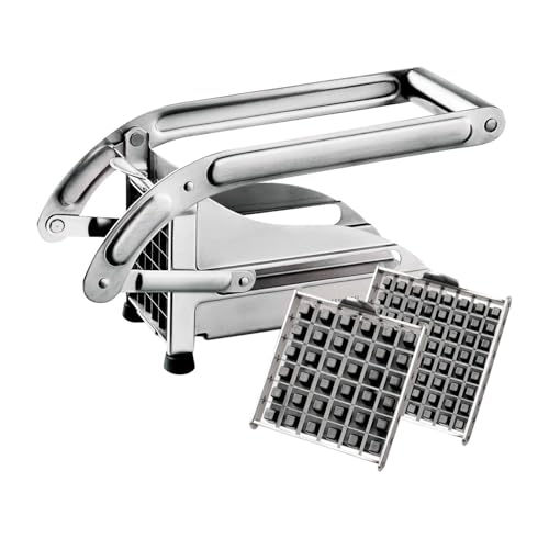 Baumalu, Coupe Frites Ménager en Acier Inoxydable - Dimensions 12,5 x 26,5 x 11 cm - 2 Grilles Interchangeables (8 mm et 10 mm) - Idéal pour des Frites Parfaites à la Maison - 12 Accessoires