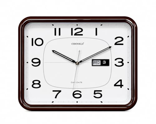 Image of CHRONIKLE 16 Inch Wall Clock with Day & Date Display, Silent Quartz Analog Clock for Home & Office, White Dial with Bold Black Numbers & Rosewood Finish Frame