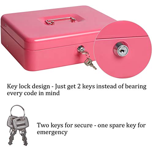 Cash Box with Money Tray and Key Lock, Parrency Large Money Box, 5 Compartments with Cover for Cions & 4 Spring-Loaded Clips for Bills, 11 4/5\" x 9 2/5\" x 3 1/2\", Pink