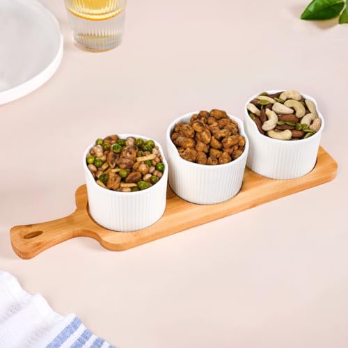 Image of Nestasia Ribbed Ceramic Bowls Set with Wooden Tray 180ml | Food-Safe, Non-Toxic | Ideal for Dips, Snacks, Treats, Dry Fruits, and Desserts