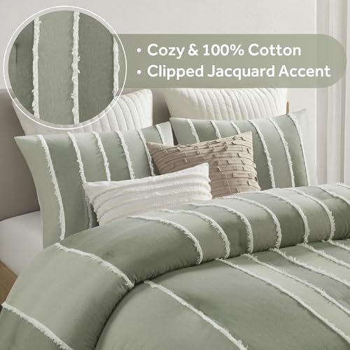 Image of Ink+Ivy Queen Comforter Set Boho Comforters Stripes, Clipped Jacquard, Cotton Comforter for Queen Size Bed, All Season Poly Fill Lightweight Queen Bedding & Shams, Shay, Full /Queen, Sage 3 Piece