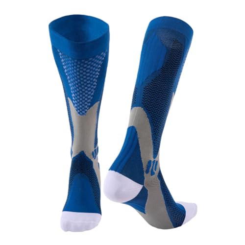 MOANATURA Compressiekousen voor dames en heren, hoge panty voor hardlopen of fietsen met gegradueerde compressietechnologie, lange sportkousen., Blauw, 34-39