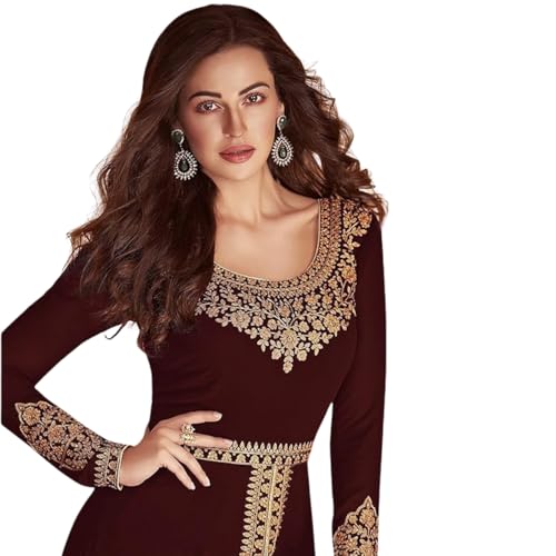 Image of Divine International Trading Co Women's Faux Georgette Semi Stitched Top with Santoon Fabric Bottom and Faux Georgette Dupatta Embroidered Front Slit Anarkali Dress
