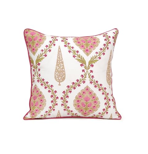 Image of Cotton Cushion Covers 16x16 Inch - Hand Block Floral Print Pillow Covers for Sofa, Couch & Bedroom (Pack of 5) (Marron & White)