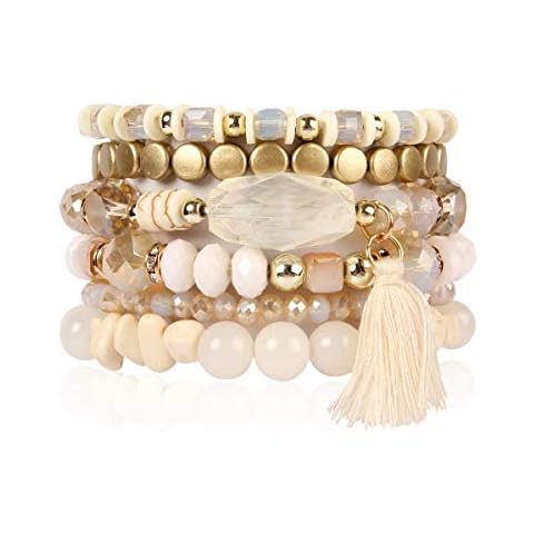 RIAH FASHION Coin Bead Multi Layer Versatile Statement Bracelets - Stackable Beaded Strand Stretch Bangles Sparkly Crystal, Tassel Charm (Natural) Cover