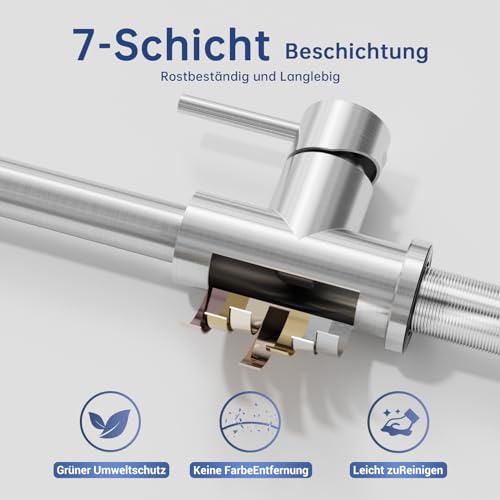 DAYONE Niederdruck Wasserhahn Küche Ausziehbar, Niederdruck Armatur Küche Ausziehbar 3 Anschlüsse, 2 Strahlarten 360° Drehbar Spültischarmatur L-Förm, Ausziehbar Küche Mischbatterie für Boiler