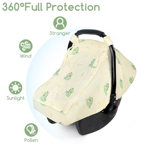 Image of Muslin Baby Car Seat Cover for Boys Girls, Infant Carseat Canopy with Breathable Mesh Peep Window, Summer Lightweight Sunshade Carrier Cover for Newborn, Green Dinosaur