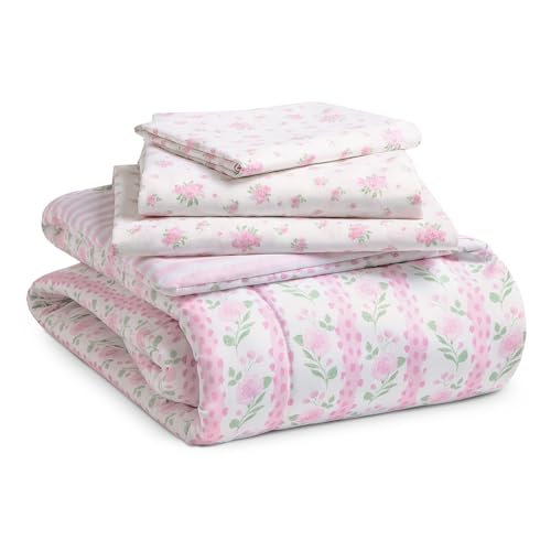 Delta Children 4 Piece Toddler Bedding Set for Girls - Reversible 2-in-1 Comforter - Includes Fitted Comforter to Keep Little Ones Snug, Bottom Sheet, Top Sheet, Pillow Case - Pink Floral