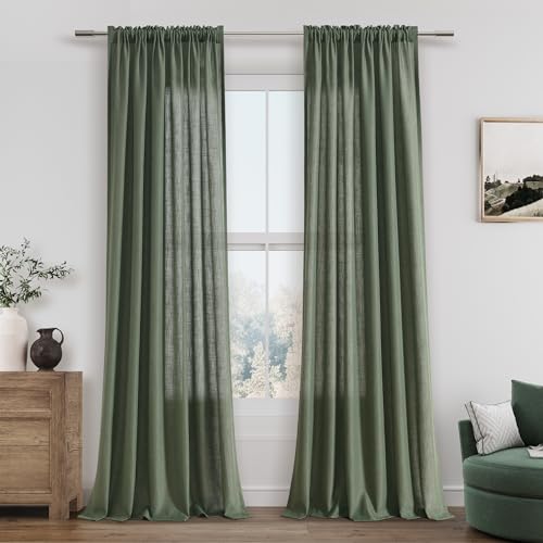 Guken Extra Long Olive Green Linen Curtains 108 Inch Rod Pocket 2 Panels