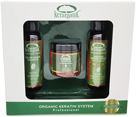 مجموعة الكيراتين العضوية الخالية من الفورمالديهايد من Kerarganic – شامبو ما قبل المعالجة + كيراتين عضوي + ماسك ما بعد العلاج (4 أوقية لكل منتج)