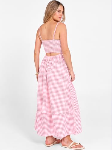 Image of Caracilia Womens Maxi Dresses Gingham Spaghetti Strap Back Smocked Flowy Long Sundress Summer Beach Vacation Clothes 2026