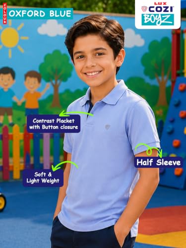 Image of Lux Cozi Boy's Polycotton Polo T-Shirt | Solid Collared Half Sleeve Tee for Kids | Soft Breathable Summer Wear | Casual Smart Polo T-Shirt | 3-14 Years