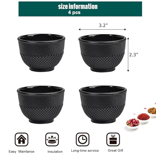 Sungmor Cast Iron Black Teacups, Set of 4 & 5 oz - Japanese Tea Cups with Enamel Interior, Traditional Gongfu Tea Set, Durable Heat-Retaining Tetsubin Style Drinkware