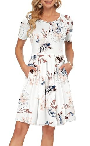 Image of AUSELILY Women's Short Sleeve Pleated Swing Summer Dress with Pockets | Knee-length short sleeve dress, empire waist & pockets, ideal for casual daily wear and vacation