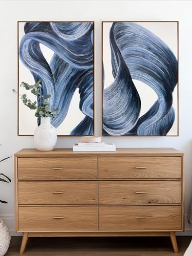 Image of Zessonic Blue Abstract Wall Art Set of 2- Framed Twist Stroke Minimalist Graffiti on White Background Modern Canvas Artwork for Living Room, Bedroom, Office Decor, 24 x 36 Inches x 2