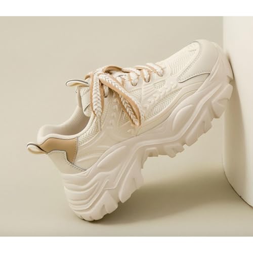 Women's Ultra Chunky Platform Sneakers - Fashion Dad Shoes with Wave Sole - Trendy Thick Soled Running Walking Shoes Cream/Beige3