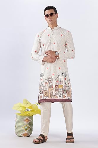 Image of BE ACTIVE Men's Cotton | Regular Fit Casual Mandarin Collar | Long Length Full Sleeves | Embroidered Indian Kurta